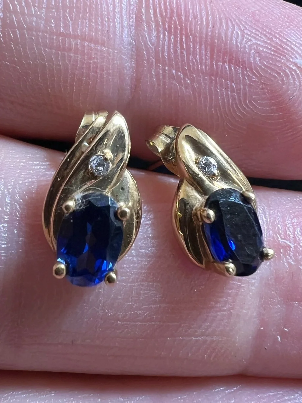 10K Gold Blue Sapphire Oval Stud Earrings with CZ Accent